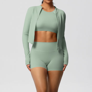 HERA FIT -  Long Sleeve Zipper Jacket Sports Shorts Fitness Clothes Three Piece Set for Women