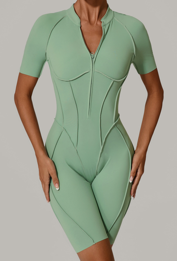 HERA FIT  Summer Zipper Short Sleeve Outer Wear Fitness Yoga Jumpsuit Women Dance Tight Sports Jumpsuit