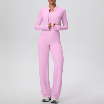 HERA FIT - Zip Long Sleeve Coat Oblique Shoulder Vest Baggy Straight Trousers Workout Clothes Yoga Three Piece Set