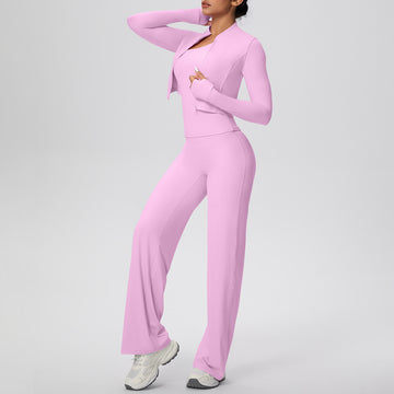 HERA FIT - Zip Long Sleeve Coat Oblique Shoulder Vest Baggy Straight Trousers Workout Clothes Yoga Three Piece Set