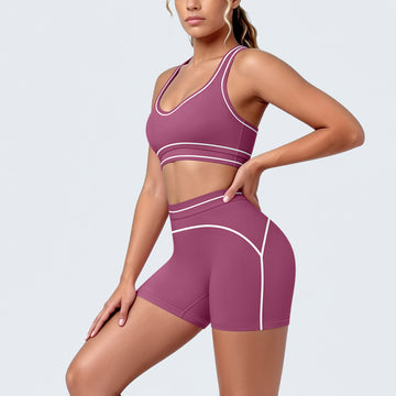 HERA FIT - Colorblock Fitness With Shockproof Push Up Bra High Waist Shaping Shorts Yoga Set