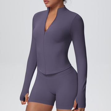 HERA FIT - Stand Collar Knitted Long Sleeve Zipper Yoga Jacket Women Tight Quick Drying Yoga Clothes Outdoor Fitness Sports Top