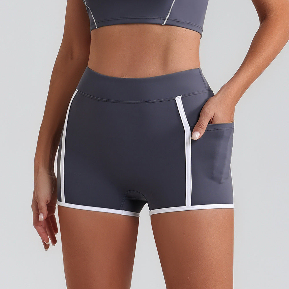 HERA FIT - Women Yoga Shorts Pocket Nude Feel High Waist Tight Sports Pants Running Fitness Outer Shorts