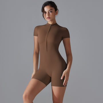 HERA FIT - Zipper Short Sleeve/ Slim Fit / One Piece Fitness  Jumpsuit