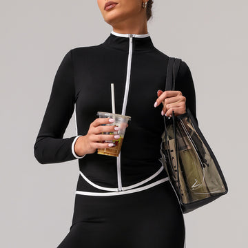 HERA FIT - Contrast Color Sports Yoga Jacket Stand Collar Long Sleeve Coat Outdoor Workout Clothes Top