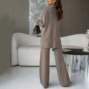 Autumn Winter Women Knitwear Stand Collar Split Sweater Knitted Loose Wide Leg Pants Sets