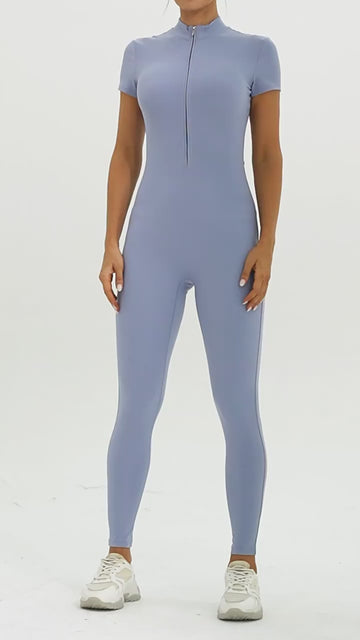 HeraFit-Zipper Short Sleeve Yoga Jumpsuit