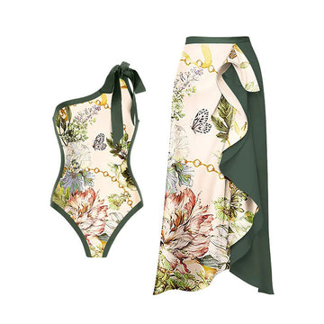 HeraFit - Swimsuit Retro One Shoulder  Beach Skirt Set